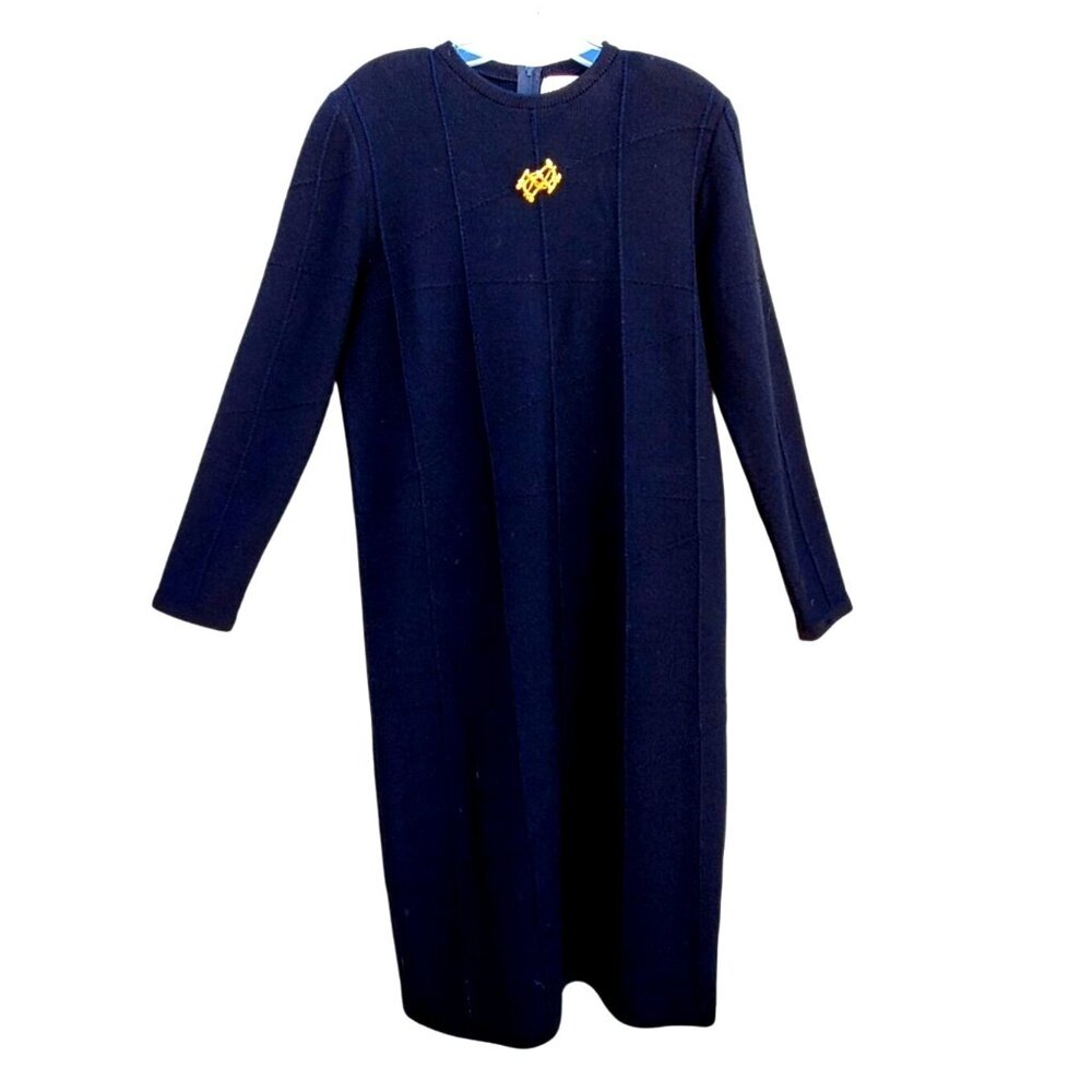 80s Vintage Black Wool Knit Midi Sweater Dress XL Aya Bendat Long Sleeve Brooch